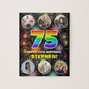 75th Birthday: Fun Rainbow #, Custom Name + Photos Jigsaw Puzzle