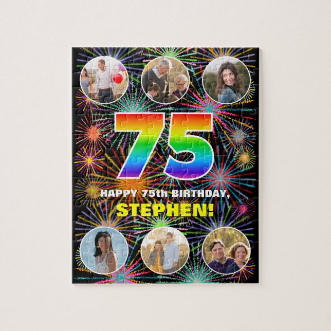 75th Birthday: Fun Rainbow #, Custom Name + Photos Jigsaw Puzzle (Vertical)