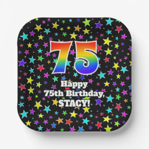 75th Birthday: Fun Stars Pattern and Rainbow “75” Paper Plate