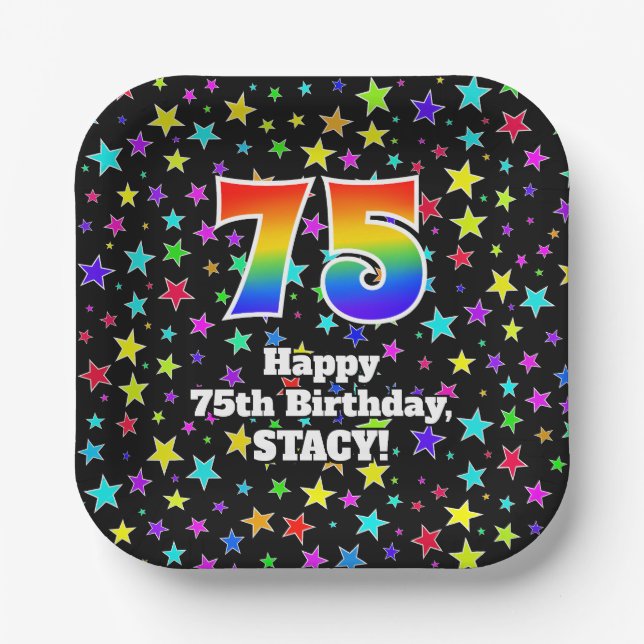75th Birthday: Fun Stars Pattern and Rainbow “75” Paper Plate (Front)