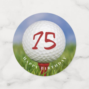 75th birthday golf ball on red tee confetti