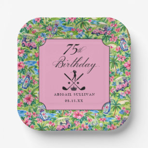 75th Birthday Golf Pink Green Preppy Print Paper Plate