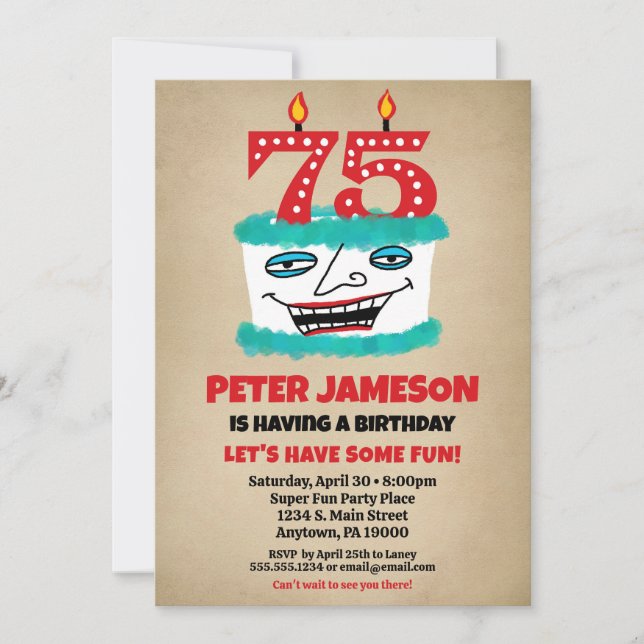 75th Birthday Invitation Funny Cake Casual Mens (Front)