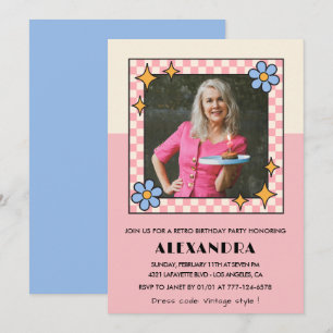 75th birthday invitation Retro Groovy Pink Flowers