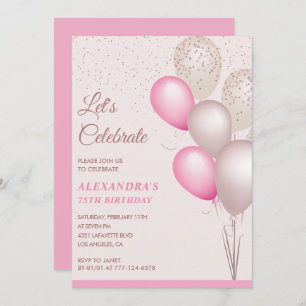 75th birthday invitations Balloons Pink Confetti