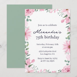 75th birthday invitations Floral Frame Pink Green