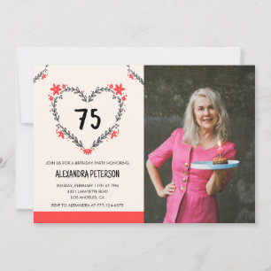 75th birthday invitations for her Floral Heart