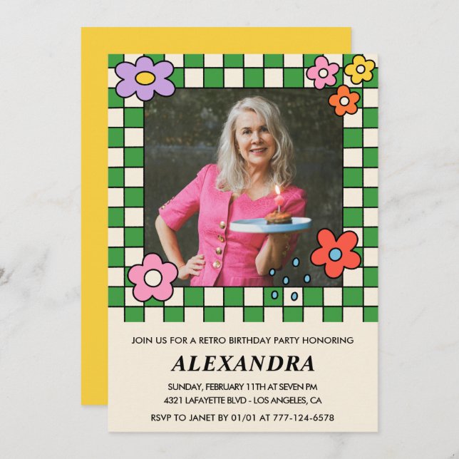 75th birthday invitations Retro Groovy Flowers (Front/Back)