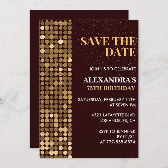 75th birthday invitations Save the date Gold (Front/Back)