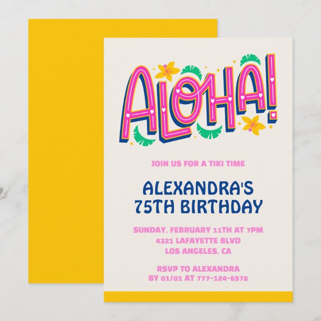 75th birthday invitations Tropical Aloha Hawaii (Front/Back)
