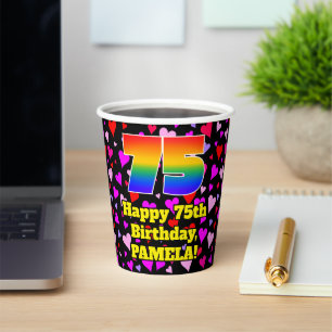 75th Birthday: Loving Hearts Pattern, Rainbow 75 Paper Cups