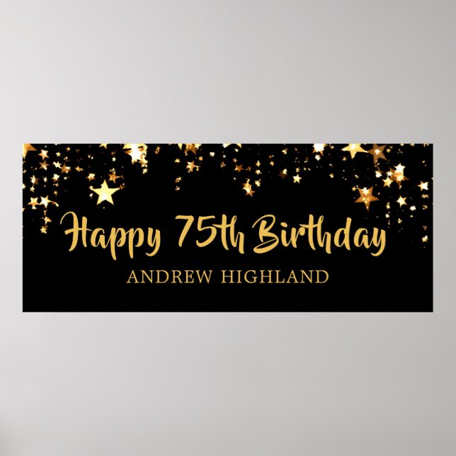 75th Birthday Modern Black Gold Stars Name Poster (Front)