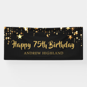 75th Birthday Modern Black Gold Stars Personalized Banner