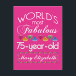75th Birthday Most Fabulous Colourful Gems Pink Postcard<br><div class="desc">Celebrate the milestone birthday of your favourite senior citizen with this fun gift reminding them of how fabulous they are. White and grey lettering on deep pink background. Colourful diamond-cut gems in rainbow tones serve as accent. Customize with names, initials or other text. This series is in increments of 5...</div>