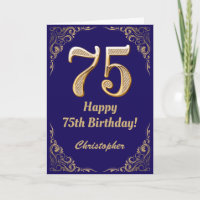 75th Birthday Navy Blue and Gold Glitter Frame