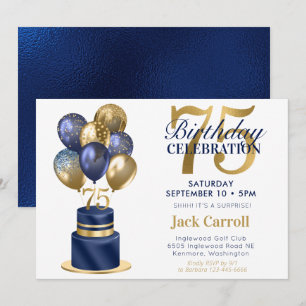 75th Birthday Navy Blue Balloon Cake Invitation