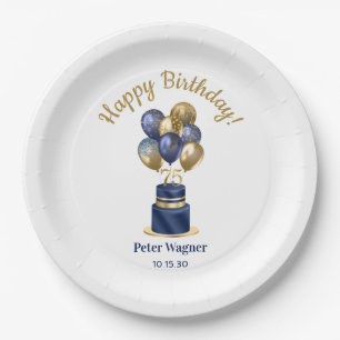 75th Birthday Navy Blue Balloon Cake Paper Plate