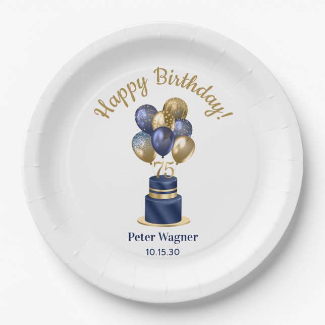75th Birthday Navy Blue Balloon Cake Paper Plate (Front)