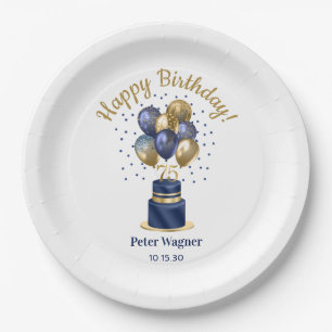 75th Birthday Navy Blue Balloon Cake Paper Plate
