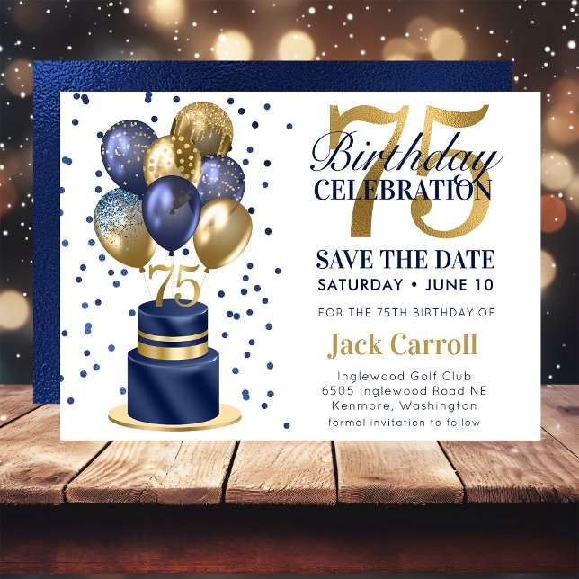 75th Birthday Navy Blue Balloon Cake Save The Date (Creator Uploaded)