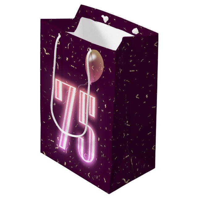 75th Birthday Neon Sign and Confetti Medium Gift Bag (Front Angled)