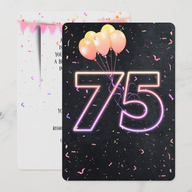 75th Birthday Neon Sign On Black Invitation (Front/Back)