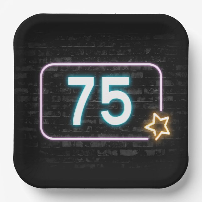 75th Birthday Neon Sign On Brick Paper Plate (Front)