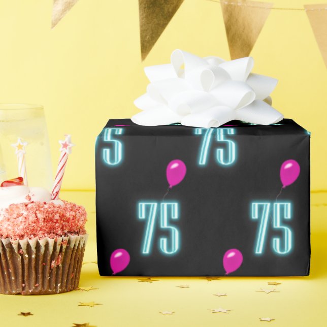 75th Birthday Neon with Balloon  Wrapping Paper (Birthday Party)