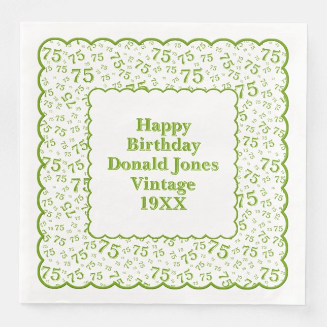 75th Birthday Number Pattern Scallops Green/White Napkin (Front)