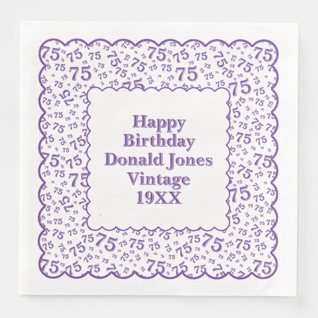 75th Birthday Number Pattern Scallops Purple/White Napkin (Front)