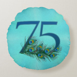 75th Birthday Or Anniversary Peacock Feather Round Pillow