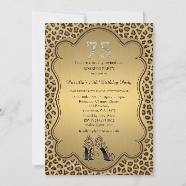 75th,Birthday Party 75th,Cheetah High Heels Shoes Invitation (Front)
