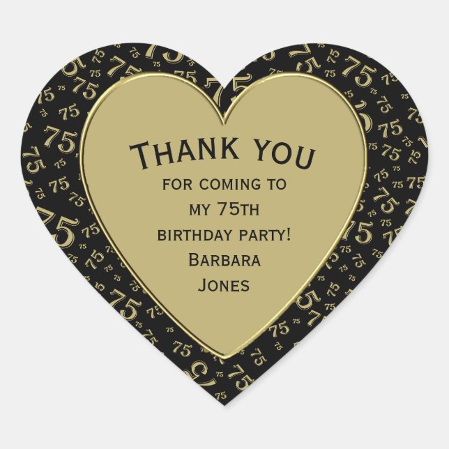 75th Birthday Party Black and Gold Pattern Heart Sticker (Front)