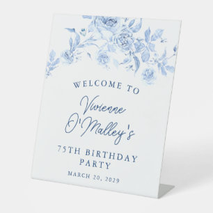 75th Birthday Party Blue Rose Floral Welcome Pedestal Sign