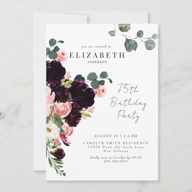 75th Birthday Party Blush & Burgundy Floral  Invitation (Front)