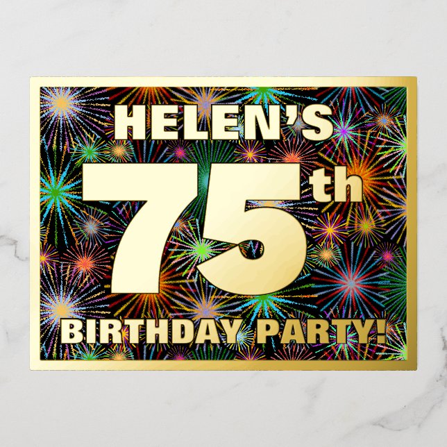 75th Birthday Party: Bold, Colourful Fireworks Loo Foil Invitation Postcard (Front)