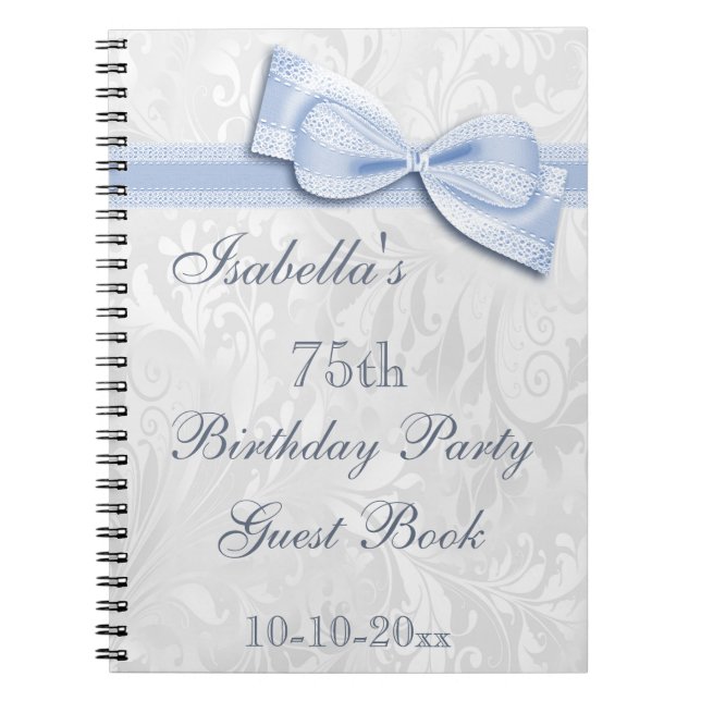 75th Birthday Party Damask and Bow Notebook (Front)