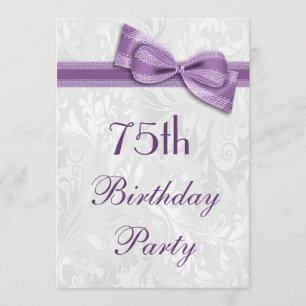 75th Birthday Party Damask and Faux Bow Invitation