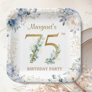 75th Birthday Party Dusty Blue Peony Gold Paper Plate