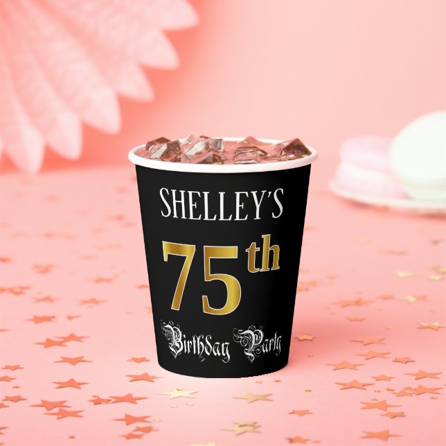 75th Birthday Party — Fancy Script, Faux Gold Look Paper Cups (Insitu)