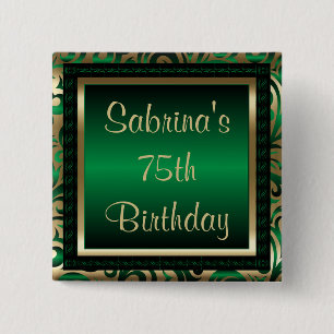 75th Birthday Party   Green Metallic & Gold 2 Inch Square Button