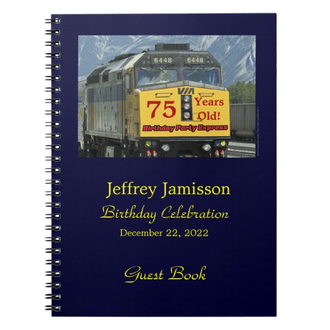 75th Birthday Party Guest Book, Yellow Train Notebook (Front)