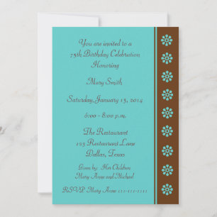 75th Birthday Party Invitation Aqua and Brown