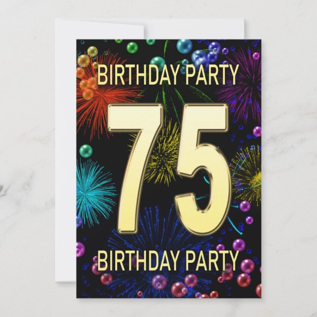 75th Birthday Party Invitation Fireworks Bubbles (Front)
