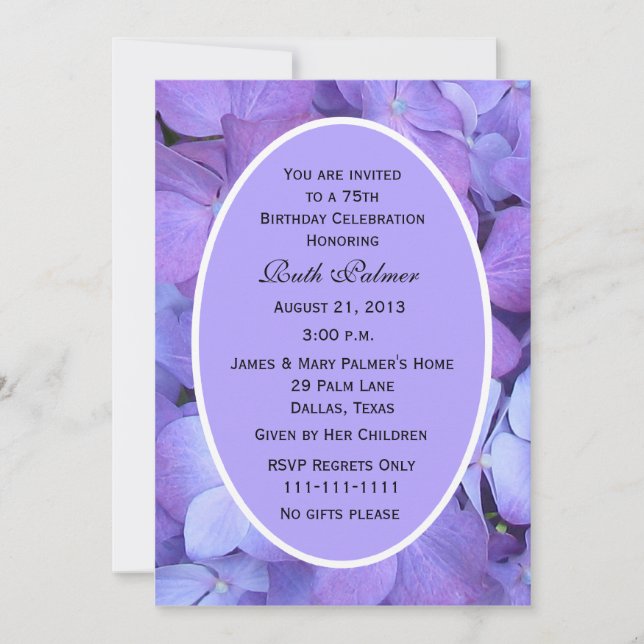 75th Birthday Party Invitation Hydrangea (Front)