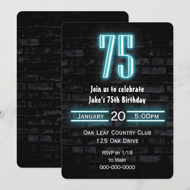 75th Birthday Party Neon Sign on Brick Invitation (Front/Back)