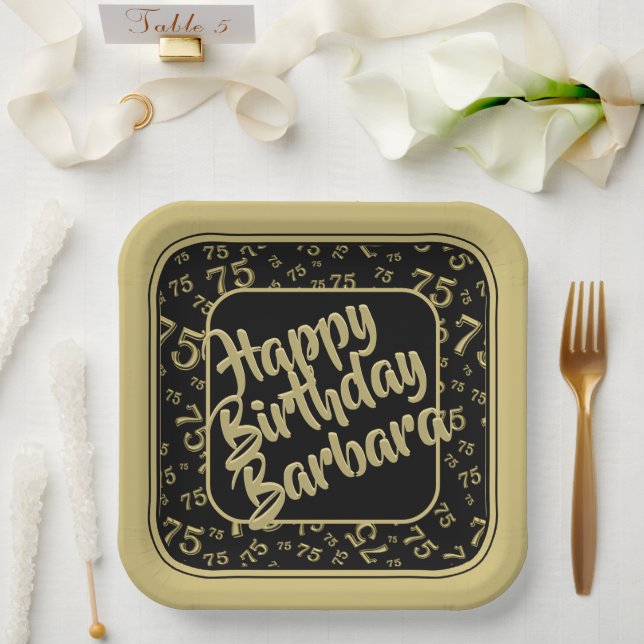 75th Birthday Party Number Pattern Black/Gold Paper Plate (Wedding)