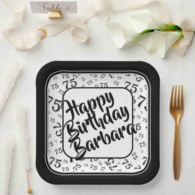 75th Birthday Party Number Pattern Black White Paper Plate (Wedding)