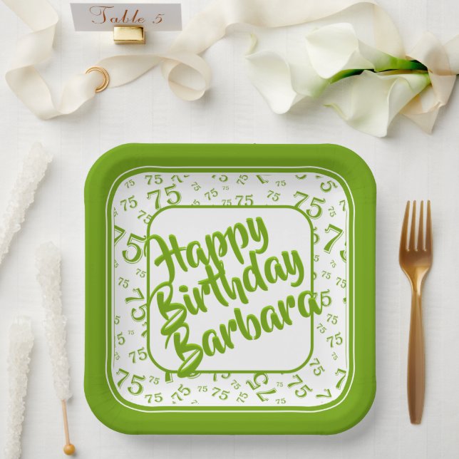 75th Birthday Party Number Pattern Green/White Paper Plate (Wedding)