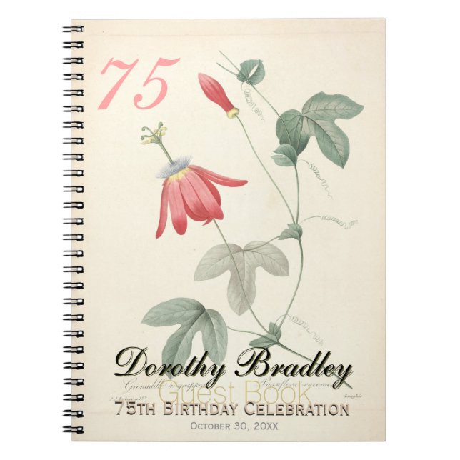 75th Birthday Party Passiflora Custom Guest Book (Front)